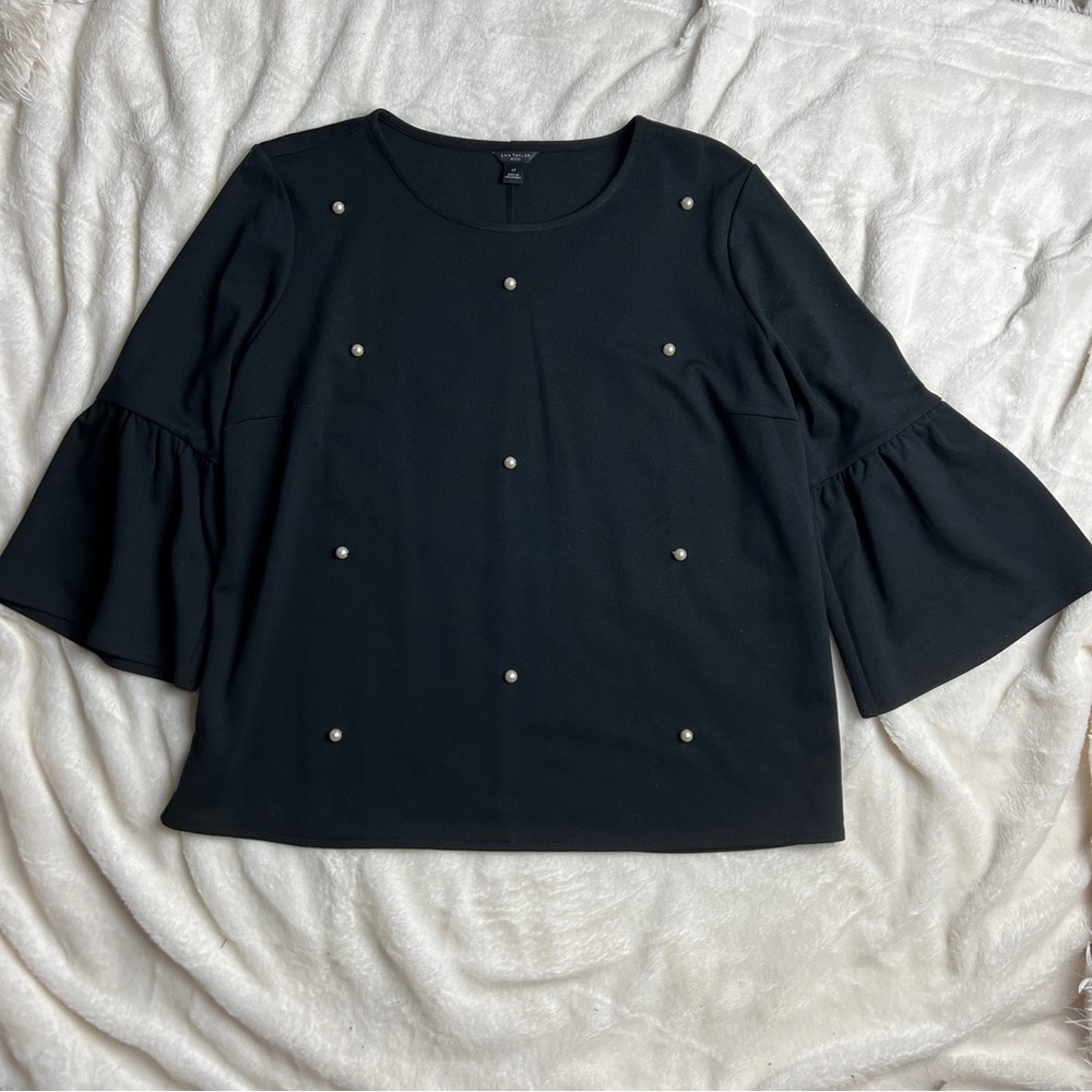 Ann Taylor Petite Large Black Boxy Blouse Pearl Accents
